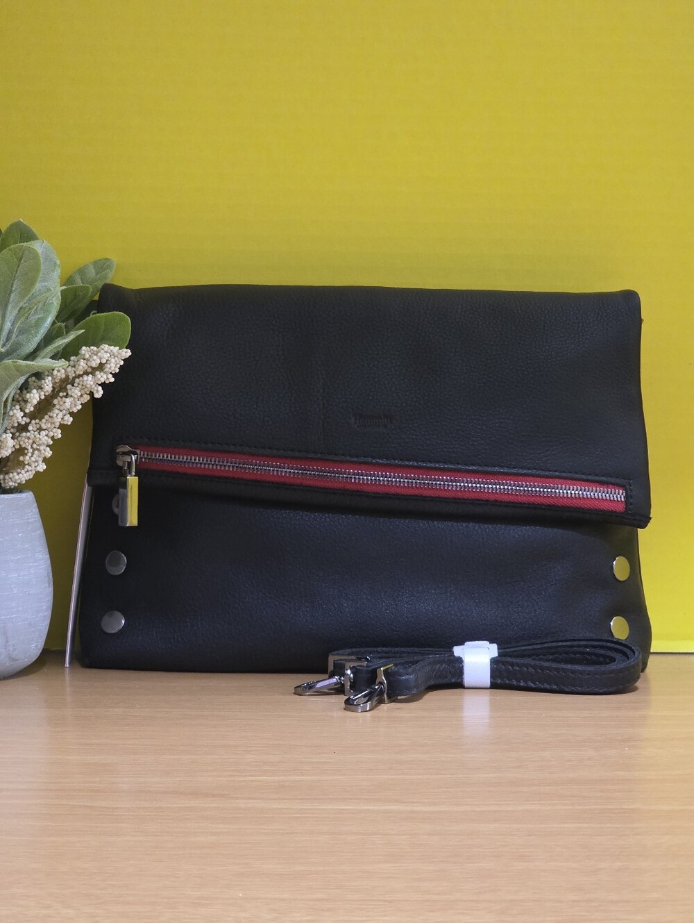 Hammitt Black Leather Large Vip Crossbody Bag with Red Zip Accent